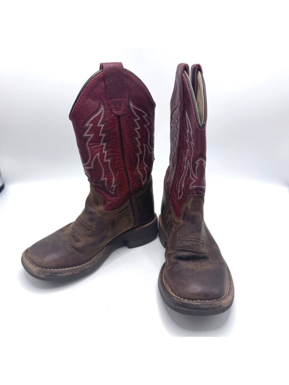 Kids Western Cowboy Boots Size 11 Leather Red Brown Embroidered Square Toe
